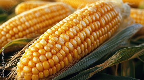 A vibrant close-up view of golden ripe corn on the cob, highlighting the rich and inviting textures, representing freshness and bountiful harvest in agriculture. photo