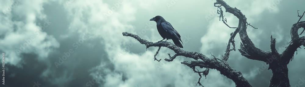 Fototapeta premium Solitary raven perched on a barren tree branch.