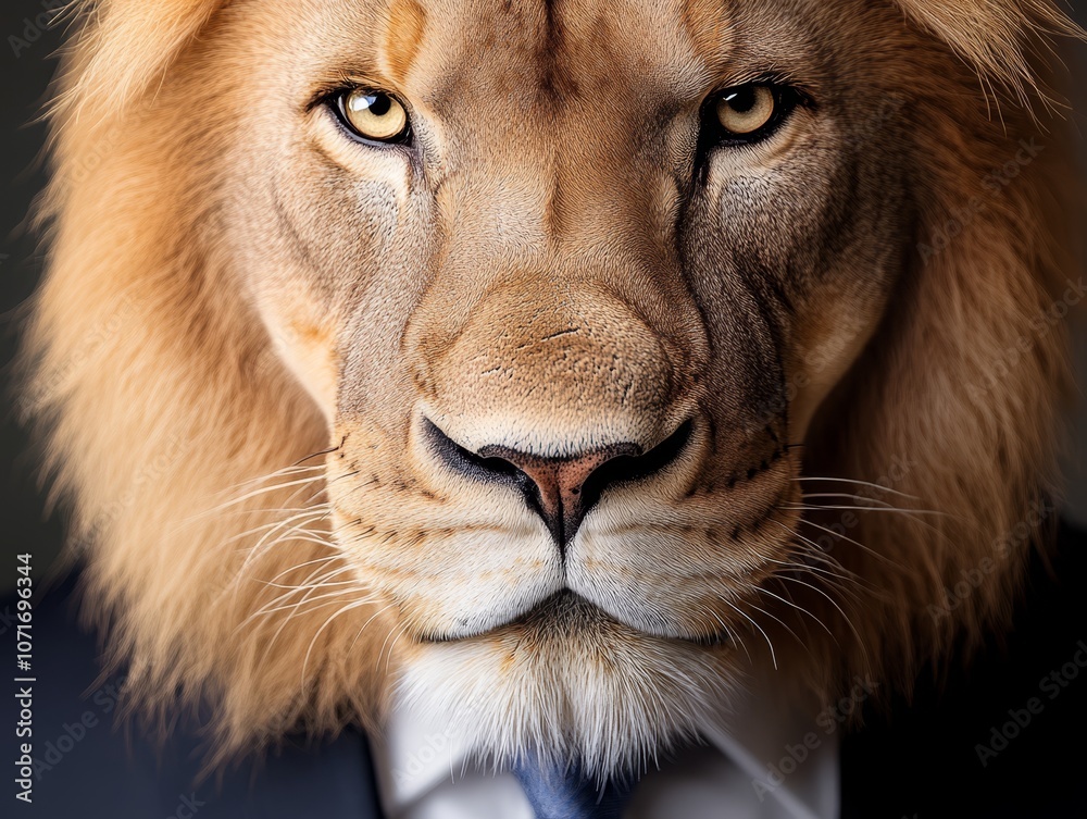 A close up of a lion wearing a suit and tie A close up of a lion wearing a suit and tie