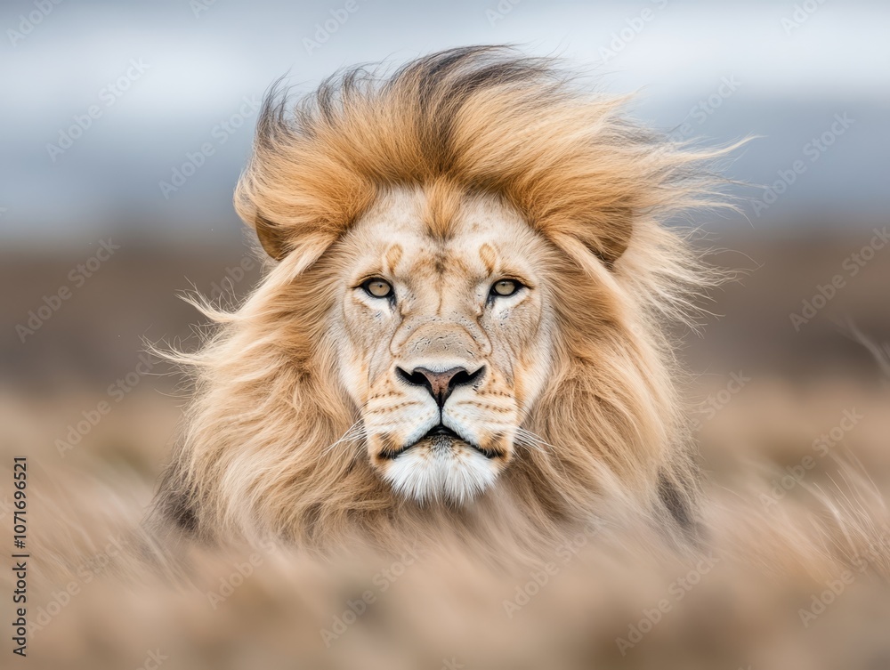 Fototapeta premium A close up of a lion laying in the grass
