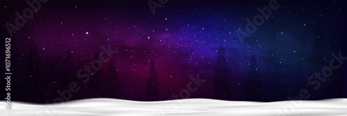 Background Night in purple,blue sky with starry,snow falling over forest pine tree,Cartoon Winter wonderland landscape with snowy,blizzard for Christmas banner,Vector Xmas,New year 2025 greeting card