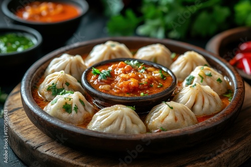 A beautifully arranged plate of Nepalese momos