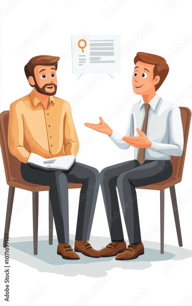Obraz premium Two men engage in a discussion, seated in chairs, conveying ideas and sharing insights, with notes or a document above them.