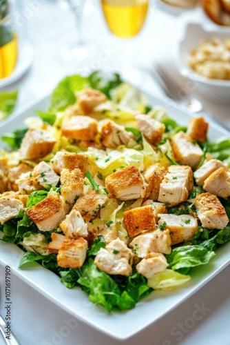 A classic chicken caesar salad with croutons.