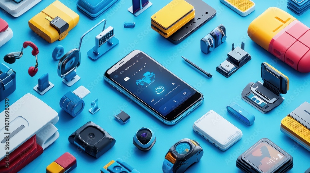 A smartphone surrounded by various tech gadgets on a blue background. A smartphone surrounded by various tech gadgets on a blue background.