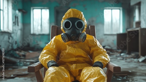 A solitary figure sits in a dilapidated room wearing a yellow protective suit and mask, suggesting themes of isolation, protection, and post-disaster scenario. photo