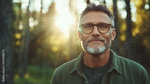 A smiling man wearing glasses stands in a sunlit forest, capturing the essence of a calm and refreshing outdoor experience in nature's tranquility.