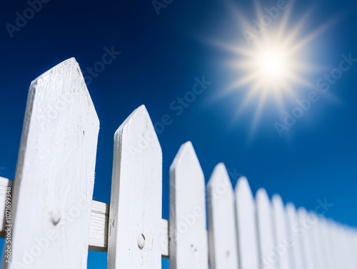 A white picket fence with the sun in the background