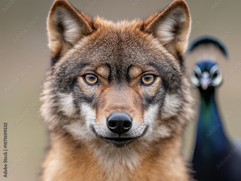 Fototapeta premium A close up of a wolf and a peacock