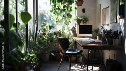 Home office setup with natural light and greenery accents