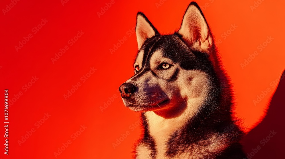 Fototapeta premium Intense Stare of a Husky: Fiery Red Background with Dramatic Shadows and Evening Light