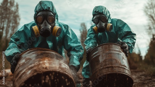 Two workers clad in protective hazmat suits and gas masks cautiously handle rusty toxic waste barrels in a contaminated environment, ensuring safety and cleanliness. photo