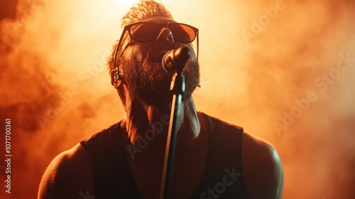 A dynamic image of a rock singer passionately performing on a stage filled with vibrant lights and billowing smoke, conveying energy and enthusiasm. photo