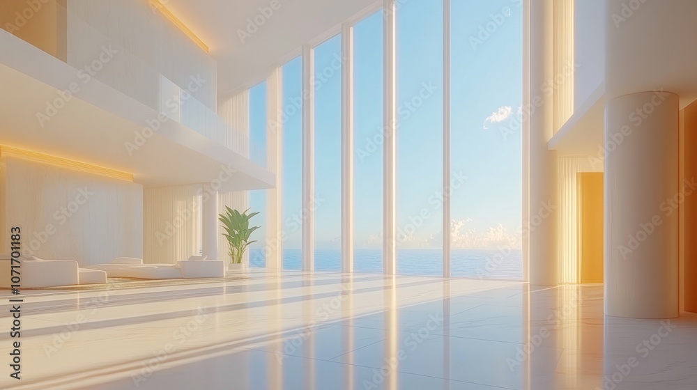 Fototapeta premium Modern white interior with large windows overlooking ocean and sky.