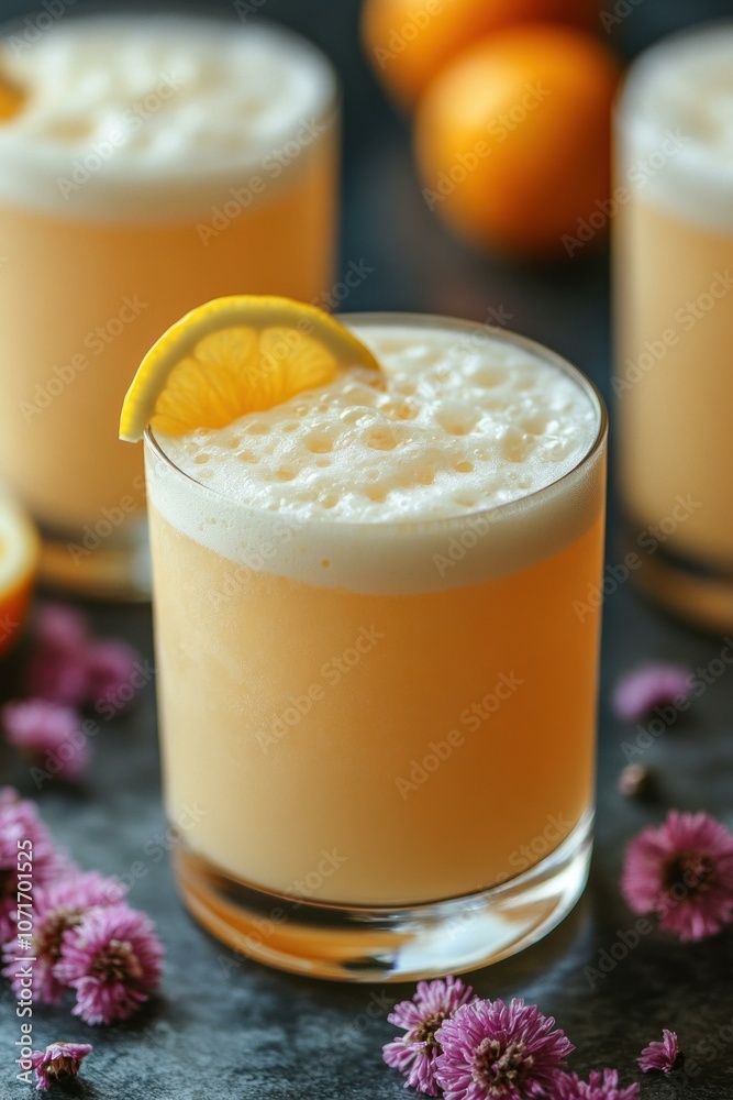 A Straight-On 0 shot of Gin Fizz with a lemon A Straight-On 0 shot of Gin Fizz with a lemon