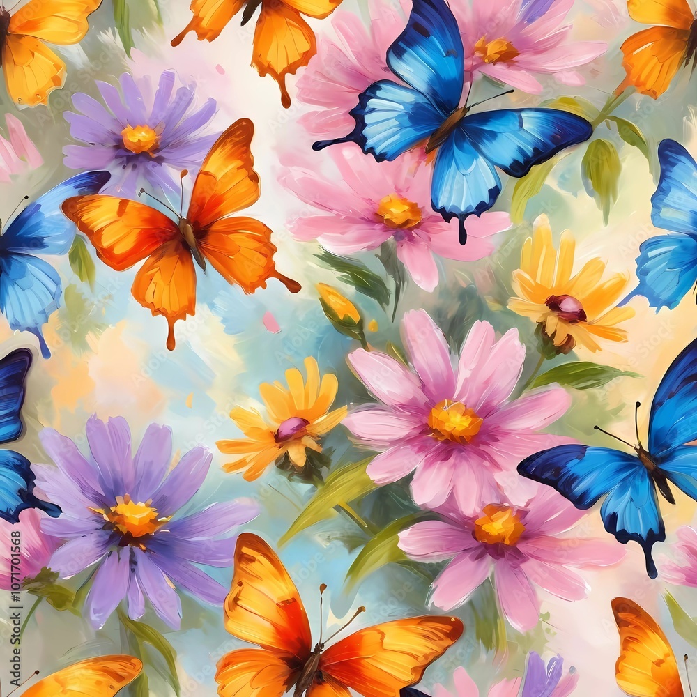 Fototapeta premium Colorful butterflies flutter gracefully above a vibrant array of wildflowers, creating a lively and cheerful atmosphere in a sunlit meadow. Generative AI