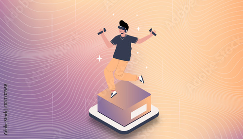 Flat vector illustration of a man wearing virtual reality glasses, engaging with a digital world. Future technology.	