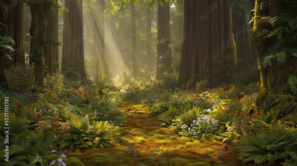 Obraz premium A dense forest floor covered in ferns, moss, and wildflowers, with towering trees providing shelter to a variety of bird and insect species. 