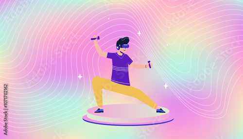 Flat vector illustration of a man wearing virtual reality glasses, engaging with a digital world. Future technology.	