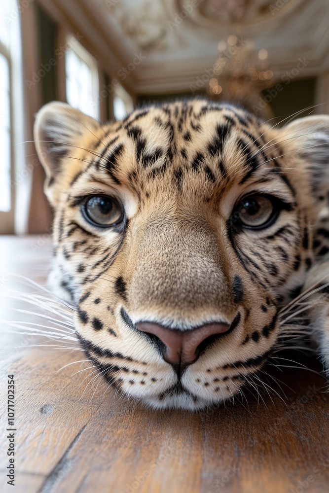 Fototapeta premium A close up of a leopard laying on a wooden floor