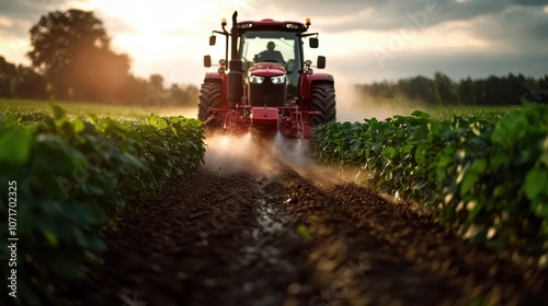 A red tractor efficiently plows the rich soil of a green field as the sun sets, enveloping the scene in warmth and reflecting the hard work of the farmer. photo