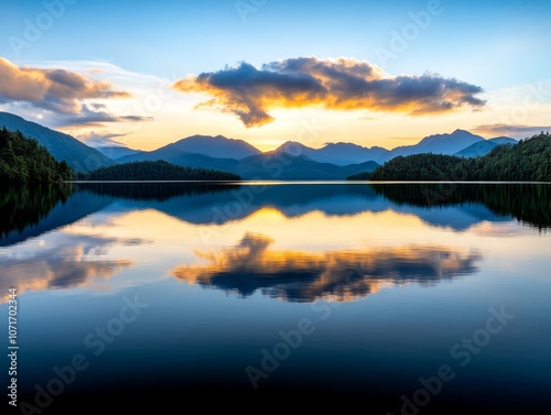 A lake with mountains in the background and clouds in the sky