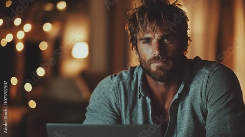 A ruggedly handsome man with a beard sits in warm lighting, with a soft bokeh effect in the background, suggesting a relaxed and contemplative mood. photo