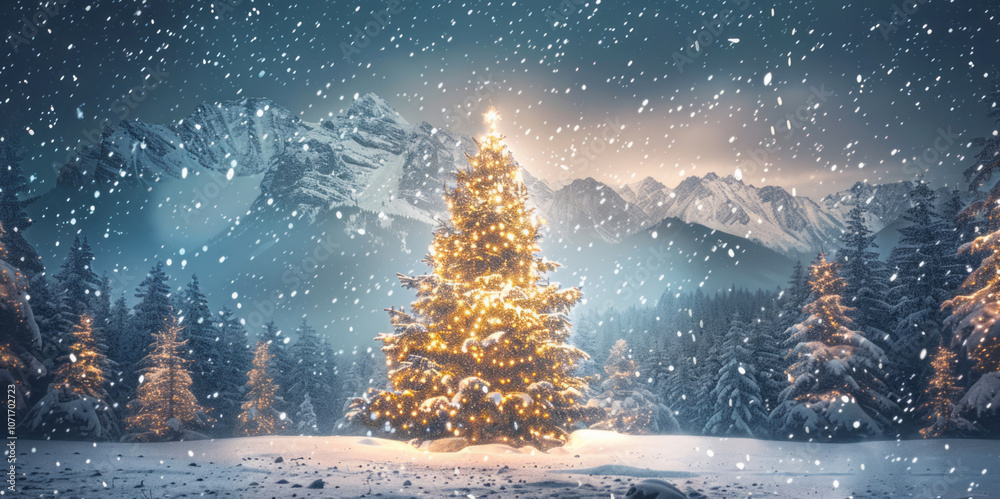 A beautiful Christmas tree stands in the center of the picture, against the backdrop of snow-covered mountains and forests at night, under a sky full of stars.