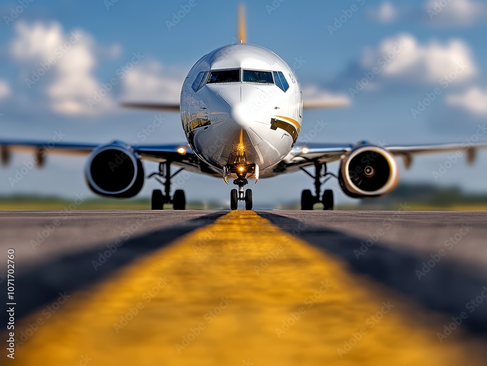 Naklejka premium A large passenger jet taking off from an airport runway