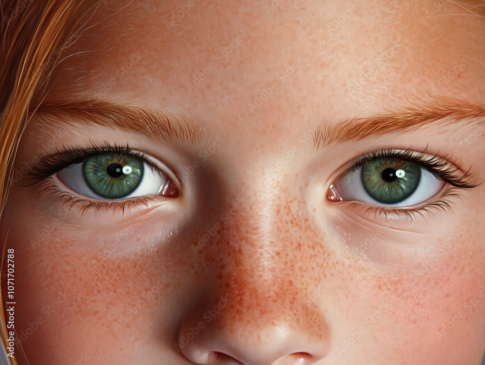 Naklejka premium A close up of a girl's face with green eyes