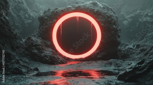 A striking red ring placed within a dark, rugged landscape environment, evokes a sense of mystery, intrigue, and otherworldly beauty and wonder. photo