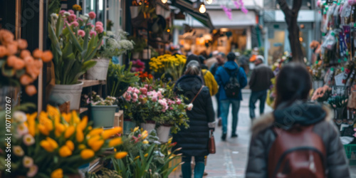 Wallpaper Mural A flower shop, brimming with a variety of flowers and greenery, is a hub of activity on a bustling street. Torontodigital.ca