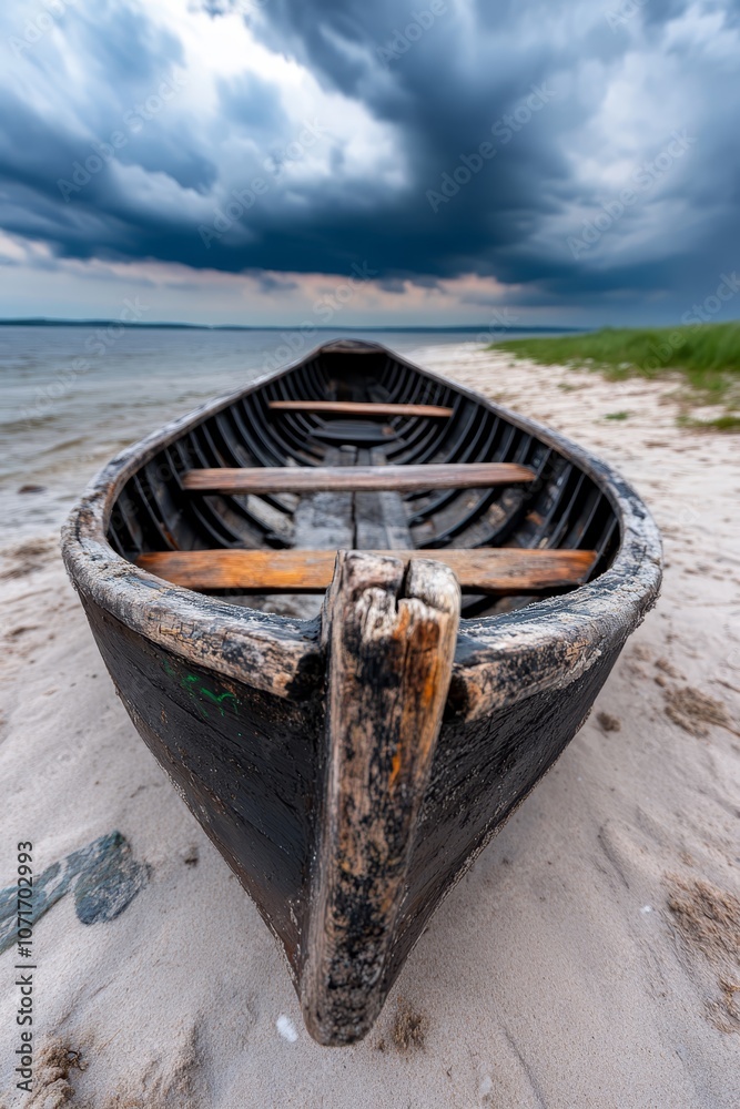 Fototapeta A wooden boat sitting on top of a sandy beach