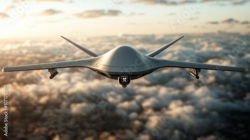 The image portrays a sleek and modern drone soaring gracefully above the expansive clouds against a serene sunset backdrop, symbolizing technology and exploration harmony. photo