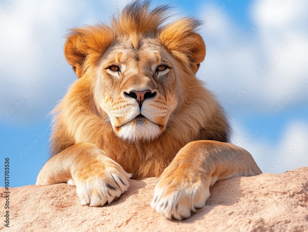 Fototapeta premium A lion laying on top of a large rock