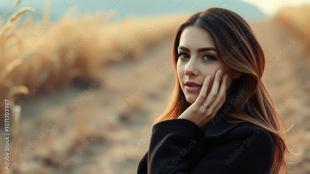 A woman with long brown hair looks off to the side, standing in a field of tall grass A woman with long brown hair looks off to the side, standing in a field of tall grass