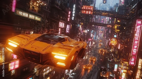 A futuristic yellow sports car flies through a dense, neon-lit cityscape.