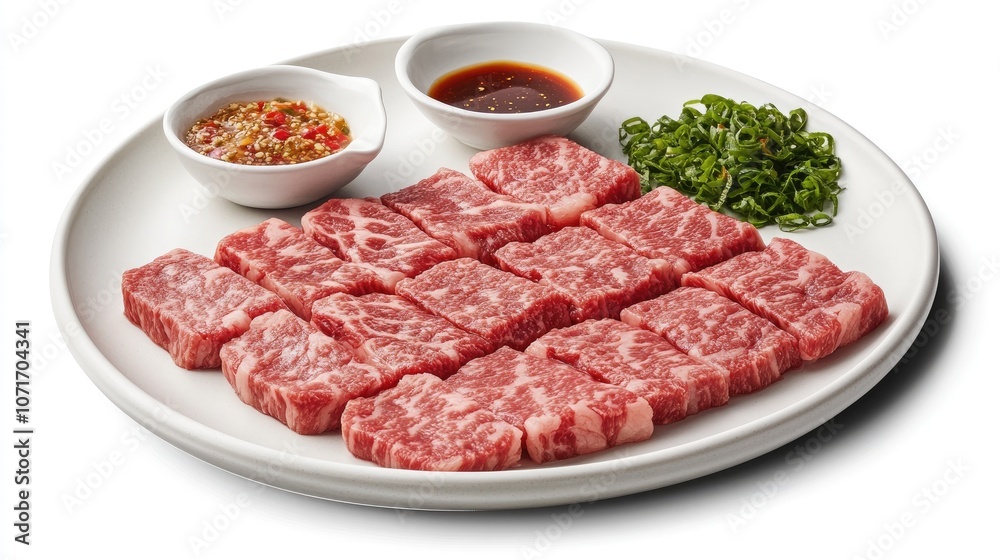Fresh Marbled Beef with Dipping Sauces and Garnish Fresh Marbled Beef with Dipping Sauces and Garnish