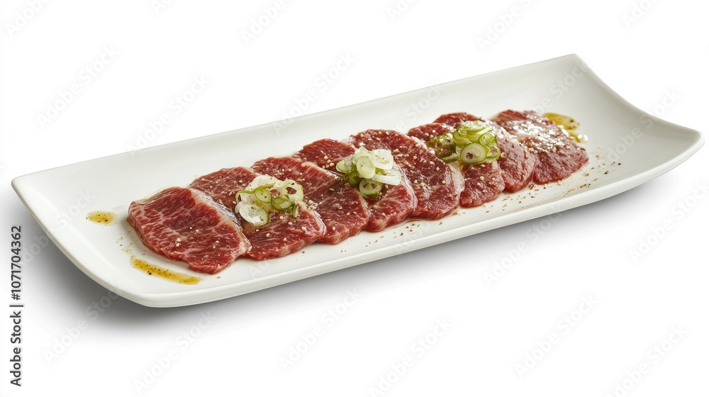Obraz premium Fresh Sliced Beef with Garnish on a White Plate