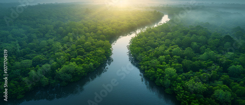 An aerial view of a mangrove forest in shallow water presents a tropical landscape with green trees, a wide river with sunlight, and a peaceful nature scene.