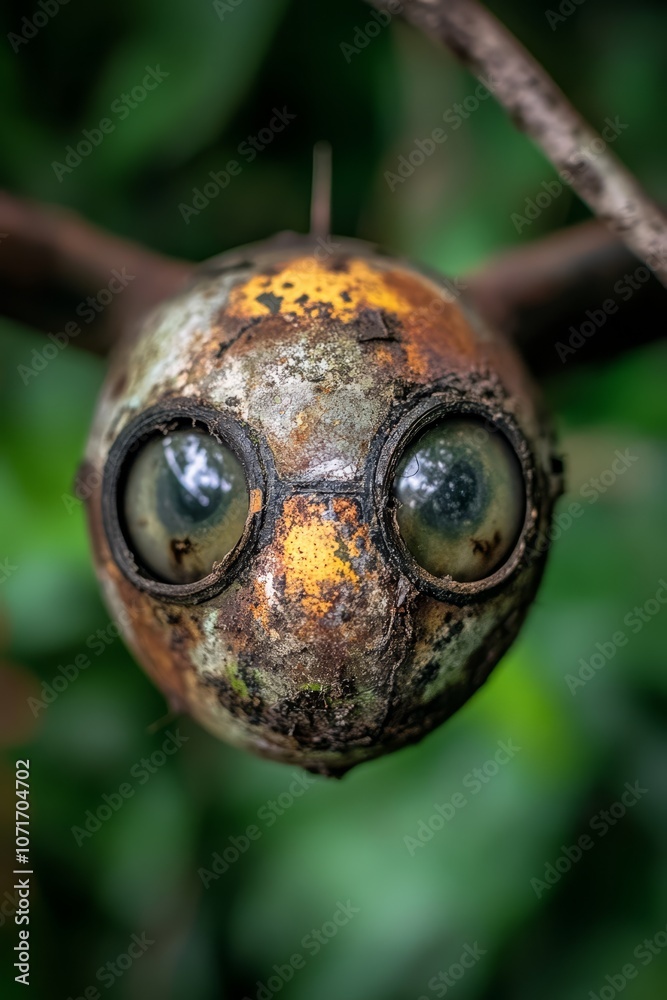 A close up of a rusty ball on a tree branch