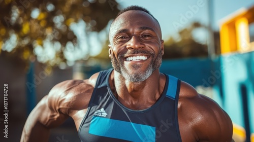 A muscular man with a broad smile engages in a workout, displaying a mix of strength and joy in an outdoor setting with a blue sky overhead. photo