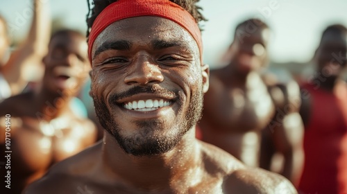 A group of fit athletes celebrate with cheerful smiles, capturing the essence of teamwork and joy, set against a sunny backdrop. photo