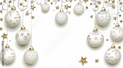 White background with white and gold Christmas ornaments on the right side