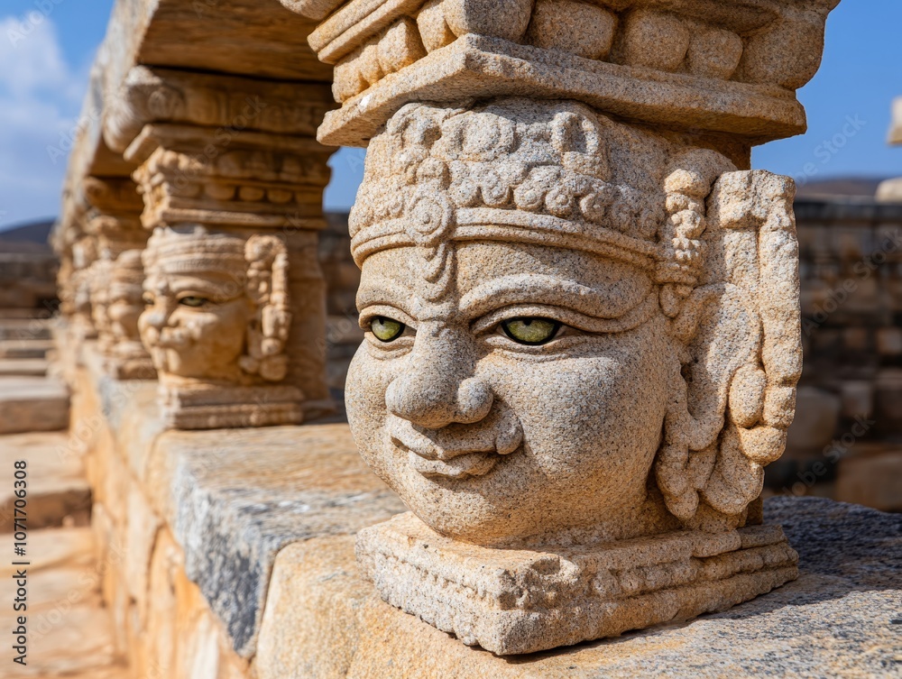 Obraz premium A close up of a stone face on a stone pillar