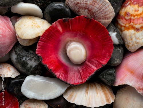 A close up of a red flower surrounded by shells photo