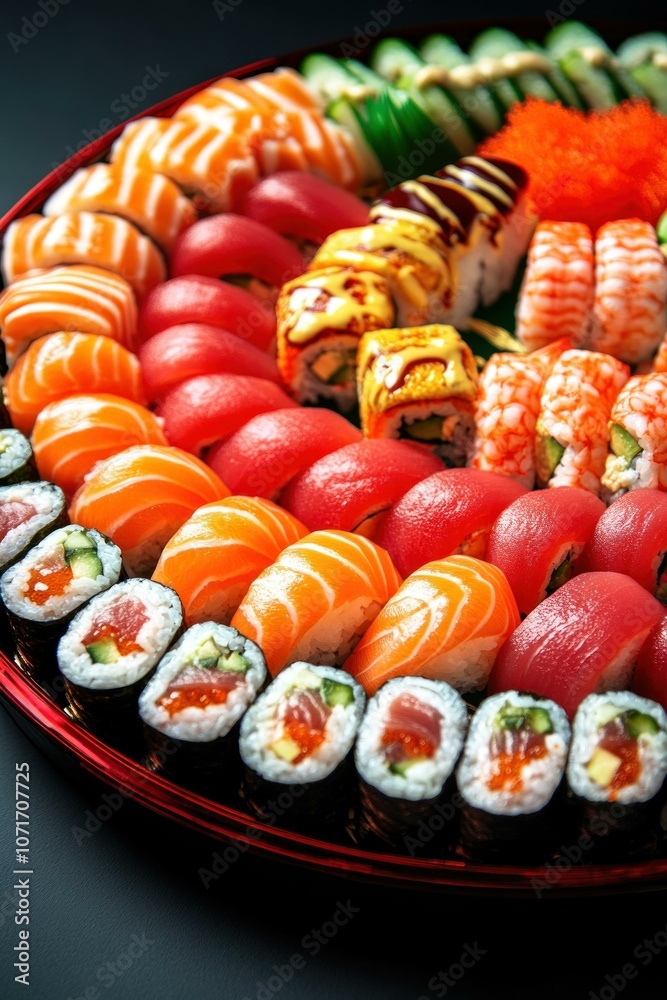 A vibrant sushi platter with assorted rolls an A vibrant sushi platter with assorted rolls an