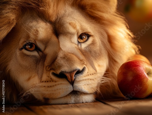 A lion laying down next to an apple on a table photo