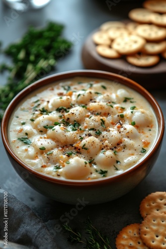 flat lay A bowl of clam chowder with oyster cr