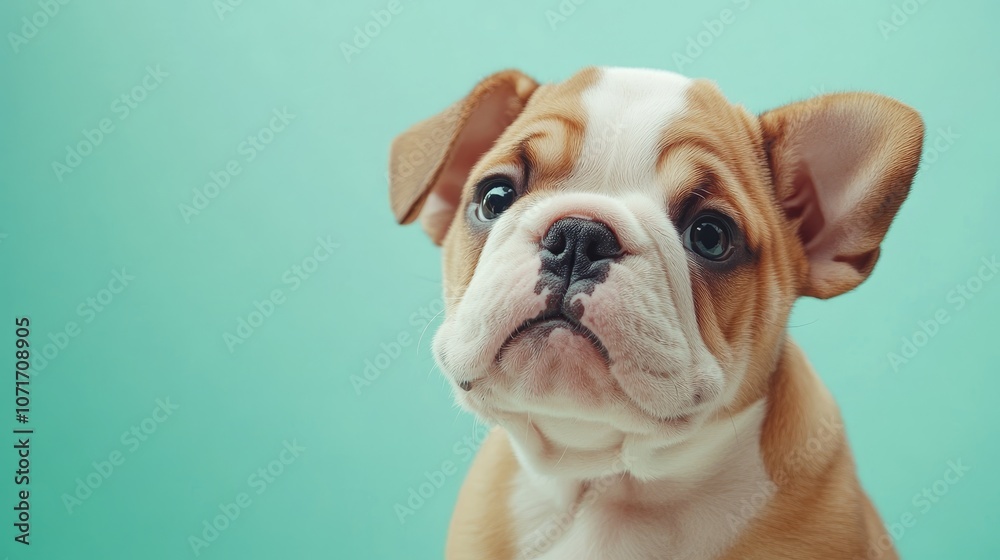 Fototapeta premium Playful Bulldog Puppy with Wrinkled Face Enjoying Sunlight on Mint Background.